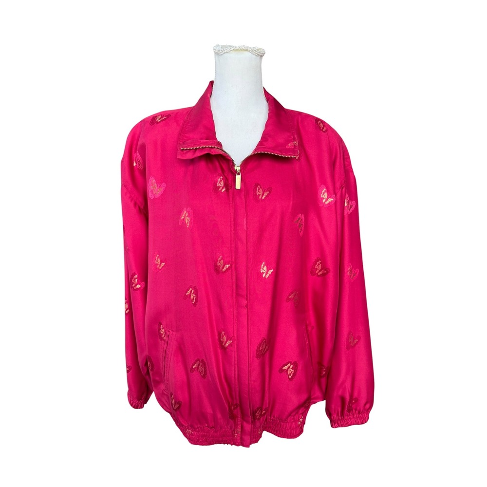 Abvien Vintage 100% Silk Butterfly Jacquard Bomber Jacket Pink XL Womens Zip‎ Up
